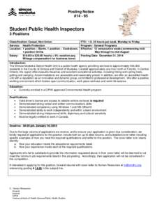 Posting Notice #[removed]Student Public Health Inspectors 3 Positions Classification: Casual, Non Union