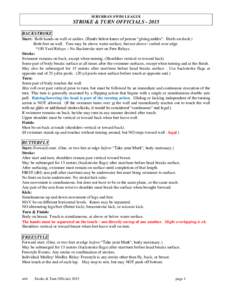 SUBURBAN SWIM LEAGUE  STROKE & TURN OFFICIALSBACKSTROKE Start: Both hands on wall or ankles. (Hands below knees of person “giving ankles”. Heels on deck.) Both feet on wall. Toes may be above water surface, b
