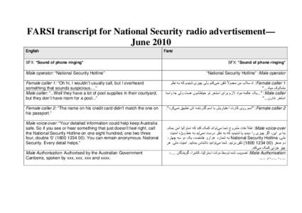 FARSI transcript for National Security radio advertisement— June 2010 English SFX: *Sound of phone ringing*  Male operator: “National Security Hotline”