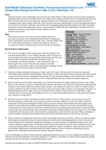 Gold Medal Colloquium Summary: Practical Business Solutions to the ClimateClimate-Water-Energy-Food Nexus, May 4, 2012, Washington, DC WHAT: Global companies must increasingly account for the disruptive effects to their 