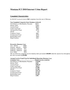 Montana IC3 2010 Internet Crime Report Complaint Characteristics In 2010 IC3 received a total of 843 complaints from the state of Montana. Top Complaint Categories from Montana (referred) Non Delivery of Merchandise /Pay