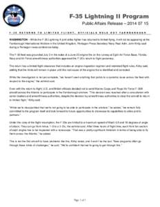 F-35 Lightning II Program Public Affairs Release – [removed]F[removed]R E T U R N S