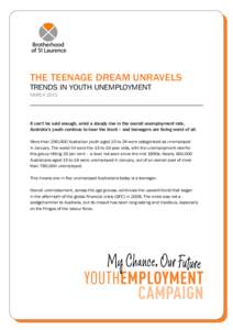 THE TEENAGE DREAM UNRAVELS TRENDS IN YOUTH UNEMPLOYMENT MARCH 2015 It can’t be said enough, amid a steady rise in the overall unemployment rate, Australia’s youth continue to bear the brunt – and teenagers are fari