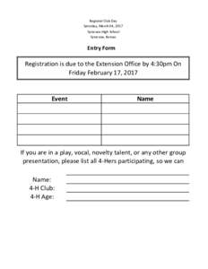 Regional Club Day Saturday, March 04, 2017 Syracuse High School Syracuse, Kansas  Entry Form