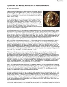 Page 1 of 3  Cordell Hull and the 65th Anniversary of the United Nations By Robin Peeler Wooten The glorious turning and falling of leaves, the cool nip in the air, and the harvest of gourds and pumpkins are but a few of