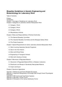 Biosafety Guidelines in Genetic Engineering and Biotechnology for Laboratory Work Table of Contents Preface Introduction Chapter 1 Coverage of Guidelines for Laboratory Work