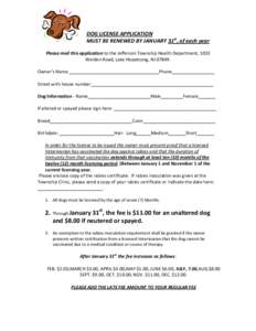 DOG LICENSE APPLICATION MUST BE RENEWED BY JANUARY 31st, of each year Please mail this application to the Jefferson Township Health Department, 1033 Weldon Road, Lake Hopatcong, NJOwner’s Name _________________