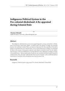 TJP Turkish Journal of Politics Vol. 4 No. 1 Summer[removed]Indigenous Political System in the Pre-colonial Akokoland: A Re-appraisal during Colonial Rule
