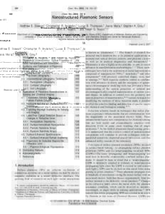 Chem. Rev. 2008, 108, 494−Nanostructured Plasmonic Sensors Matthew E. Stewart,† Christopher R. Anderton,† Lucas B. Thompson,† Joana Maria,‡ Stephen K. Gray,§