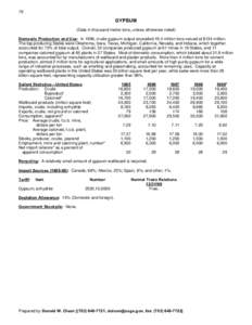 78  GYPSUM (Data in thousand metric tons, unless otherwise noted) Domestic Production and Use: In 1999, crude gypsum output exceeded 19.4 million tons valued at $134 million. The top producing States were Oklahoma, Iowa,