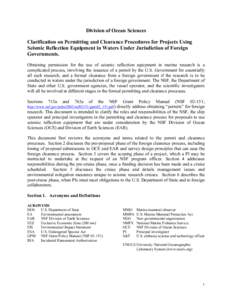 Division of Ocean Sciences Clarification on Permitting and Clearance Procedures for Projects Using Seismic Reflection Equipment in Waters Under Jurisdiction of Foreign Governments. Obtaining permission for the use of sei