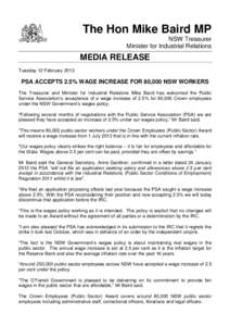 The Hon Mike Baird MP NSW Treasurer Minister for Industrial Relations MEDIA RELEASE Tuesday 12 February 2013