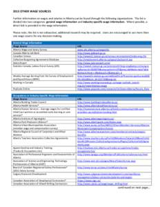 2013 OTHER WAGE SOURCES Further information on wages and salaries in Alberta can be found through the following organizations. The list is divided into two categories: general wage information and industry-specific wage 