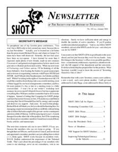 NEWSLETTER OF THE SOCIETY FOR THE HISTORY OF TECHNOLOGY No. 102, n.s., January 2004