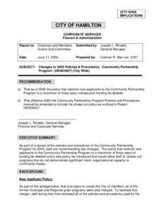 CITY WIDE IMPLICATIONS CITY OF HAMILTON CORPORATE SERVICES Finance & Administration