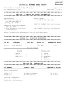 MSDS7960  MATERIAL SAFETY DATA SHEET Product Name: Tecnu Rash Relief Spray Page 1 of 4 Tec Laboratories, Inc.