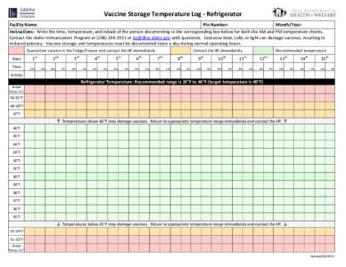 Vaccine Storage Temperature Log - Refrigerator Facility Name: Pin Number: Month/Year: Instructions: Write the time, temperature, and initials of the person documenting in the corresponding box below for both the AM and P