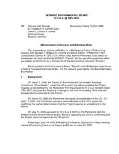 VERMONT ENVIRONMENTAL BOARD 10 V.S.A. §§ [removed]RE:  Security Self Storage