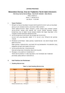 LAPORAN PRAKTIKUM  Metabolisme Glukosa, Urea dan Trigliserida (Teknik Spektrofotometri) Oleh Grup 3:Jenny Novina Sitepu – Karolina Br. Surbakti – Selly Oktaria Waktu Praktikum: Kamis, 11 Oktober 2012