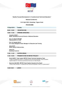 “Quality Focused Development in Vocational and Technical Education” National ConferenceApril 2014, Gaziantep, Tuğcan Hotel PROGRAMME 15 April 2014