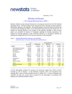 September 12, 2013  Housing and Income — 2011 National Household Survey (NHS) — Recently,	
   Statistics	
   Canada	
   released	
   information	
   on	
   housing	
   and	
   income	
   from	
   the	
   2