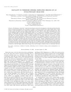 Evolution, 60(11), 2006, pp. 2342–2351  SOCIALITY IN THERIDIID SPIDERS: REPEATED ORIGINS OF AN EVOLUTIONARY DEAD END INGI AGNARSSON,1,2,3,4 LETICIA AVILE´S,1,5 JONATHAN A. CODDINGTON,3,6