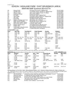 revised[removed]EDISON / HIGHLAND PARK / EAST BRUNSWICK (AREA) MINYAN MAP Summer[removed]AA AI