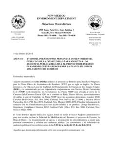 NEW MEXICO ENVIRONMENT DEPARTMENT Hazardous Waste Bureau 2905 Rodeo Park Drive East, Building 1 Santa Fe, New Mexico[removed]