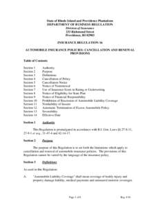 State of Rhode Island and Providence Plantations DEPARTMENT OF BUSINESS REGULATION Division of Insurance 233 Richmond Street Providence, RI[removed]INSURANCE REGULATION 16