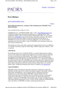 Investors & Media - Press Release - Pacira Pharmaceuticals, Inc.  Page 1 of 2 Print Page | Close Window