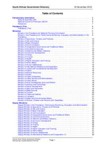 South African Government Directory  18 November 2010 Table of Contents Parliamentary Information . . . . . . . . . .