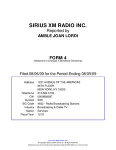 SIRIUS XM RADIO INC. Reported by AMBLE JOAN LORDI FORM 4