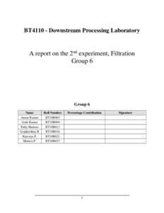 BT4110 - Downstream Processing Laboratory  A report on the 2nd experiment, Filtration Group 6  Group 6