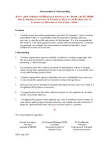 Memorandum of Understanding  JOINT AND COORDINATED HERITAGE ADVOCACY BY AUSTRALIA ICOMOS, THE AUSTRALIAN COUNCIL OF NATIONAL TRUSTS AND FEDERATION OF AUSTRALIAN HISTORICAL SOCIETIES – DRAFT Preamble