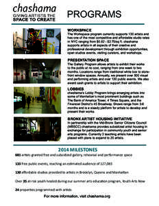 PROGRAMS WORKSPACE The Workspace program currently supports 130 artists and has one of the most competitive and affordable studio rates in NYC ranging from $0.82 - $2.75/sq ft. chashama
