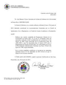 JUNTA DE GOBIERNO UNIVERSIDAD DE PUERTO RICO CERTIFICACIÓN NÚMERO