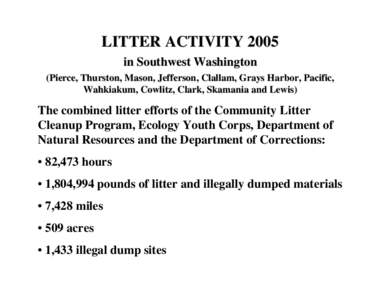 LITTER ACTIVITY 2005 in Southwest Washington (Pierce, Thurston, Mason, Jefferson, Clallam, Grays Harbor, Pacific, Wahkiakum, Cowlitz, Clark, Skamania and Lewis)  The combined litter efforts of the Community Litter