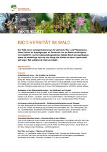 FAKTENBLATT  BIODIVERSITÄT IM WALD Der Wald ist ein wichtiger Lebensraum für zahlreiche Tier- und Pflanzenarten. Seine Vielzahl an Ausprägungen, an Strukturen und an Bewirtschaftungsformen macht ihn zu einem abwechslu