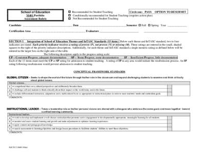 School of Education M401 Portfolio Assessment Rubric  Recommended for Student Teaching Circle one: PASS OPTION TO RESUBMIT