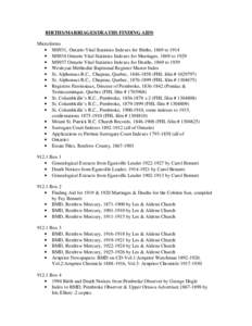 BIRTHS/MARRIAGES/DEATHS FINDING AIDS Microforms • MS931, Ontario Vital Statistics Indexes for Births, 1869 to 1914 • MS934 Ontario Vital Statistics Indexes for Marriages, 1869 to 1929 • MS937 Ontario Vital Statisti