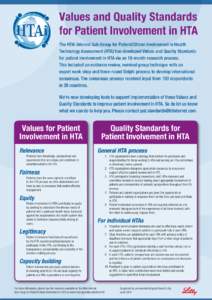 Values and Quality Standards for Patient Involvement in HTA The HTAi Interest Sub-Group for Patient/Citizen Involvement in Health Technology Assessment (HTA) has developed Values and Quality Standards for patient involve