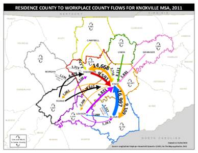 RESIDENCE COUNTY TO WORKPLACE COUNTY FLOWS FOR KNOXVILLE MSA, 2011 V I R G I N I A K E N T U C K Y  PICKETT