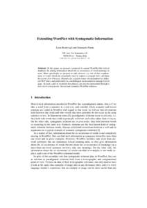 Extending WordNet with Syntagmatic Information Luisa Bentivogli and Emanuele Pianta ITC-irst, Via Sommarive[removed]Povo - Trento, Italy {bentivo,pianta}@itc.it