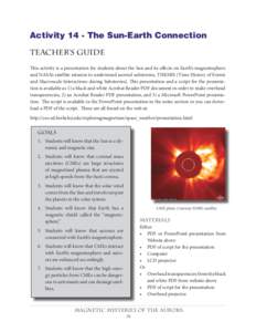 Activity 14 - The Sun-Earth Connection Teacher’s Guide This activity is a presentation for students about the Sun and its effects on Earth’s magnetosphere and NASA’s satellite mission to understand auroral substorm