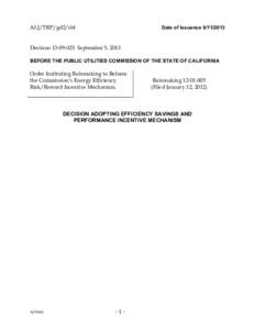 ALJ/TRP/gd2/sbf  Date of Issuance[removed]Decision[removed]September 5, 2013 BEFORE THE PUBLIC UTILITIES COMMISSION OF THE STATE OF CALIFORNIA