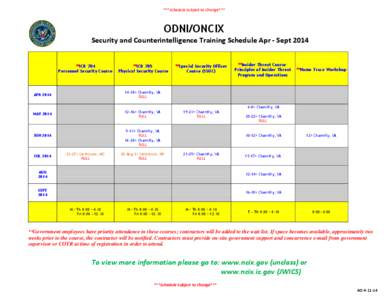 ***Schedule Subject to Change***  ODNI/ONCIX Security and Counterintelligence Training Schedule Apr - Sept 2014 **ICD 704 Personnel Security Course