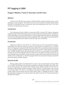 PIT tagging in 2004 Gregg H. Williams, Tracee O. Geernaert, and Din Chen Abstract A total of 23,437 PIT tags were released in 2004 from IPHC summer assessment survey vessels operating in Areas 2B and 3A. The releases wer