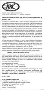 KIEWIT-KVAERNER CONTRACTORS A Peter Kiewit Infrastructure Co. / Kvaerner Partnership OPPORTUNITY ANNOUNCEMENT (OA) /SOLICITATION OF EXPRESSION OF INTEREST (EOI) Kiewit-Kvaerner Contractors (KKC) is inviting submissions o