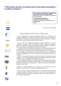 “Information-patient” provenant des firmes pharmaceutiques : un débat confisqué ? Lettre ouverte conjointe de 11 organisations aux membres de la Commission ENVI  du Parlement européen, en particulier aux coordinat