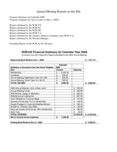 Annual Meeting Reports in this File Treasury Summary for Calendar 2008 Treasury Summary for Year-to-date (to May 1, [removed]Report submitted by the W3R-NY Report submitted by the W3R-NJ Report submitted by the W3R-DE